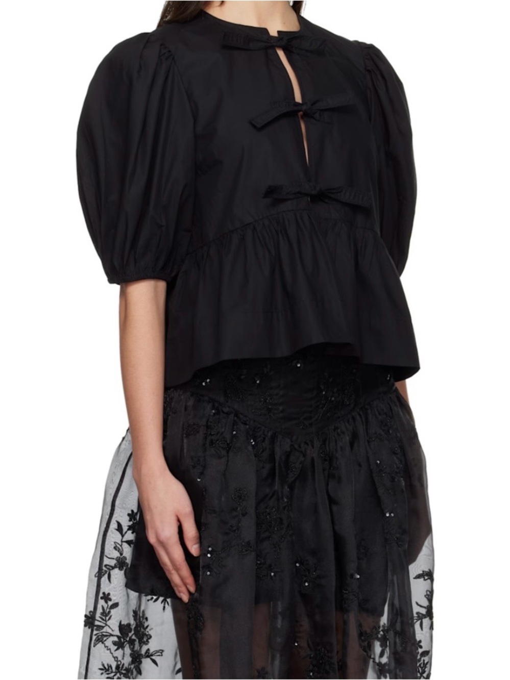 GANNI Black Cotton Poplin Peplum Tie Blouse NWT